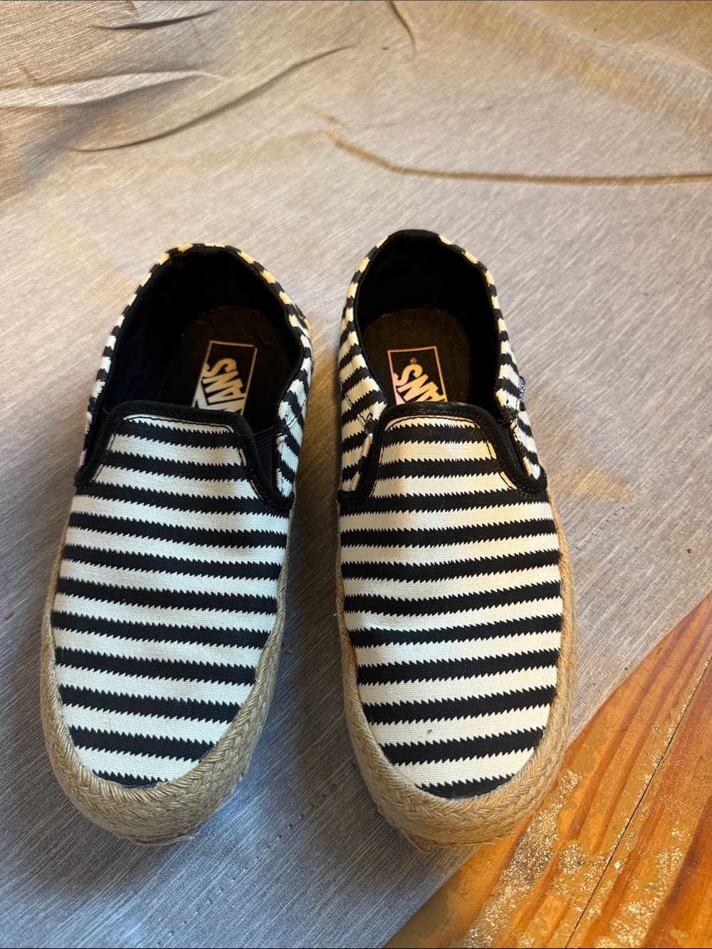 Vans Black & White Striped Espadrille Slip-Ons with Jute Sole